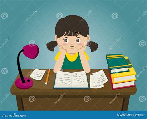 Linda Niñita Aburrida Y Estrés Haciendo Deberes. Niños Estudiando Para ...