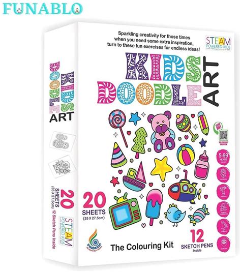 FUNABLO Kids Doodle Art Colouring Kit Having 20 Sheets & 12 Sketch Pens ...