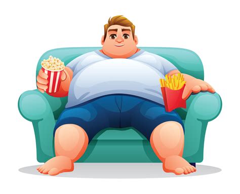 Fat man sitting on the sofa with popcorn and french fries. illustration ...