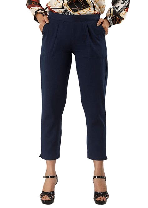 Get Navy Blue Ankle Slit Details Straight Rayon Pants at ₹ 489 | LBB Shop