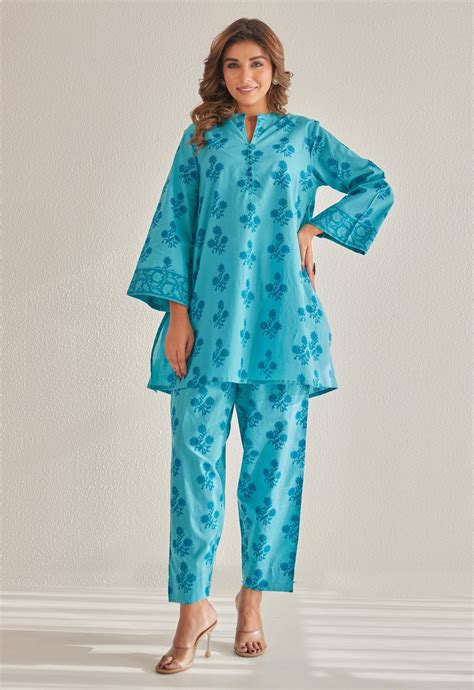 Blue Floral Buti Hand Block Printed Coord Set