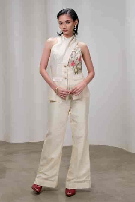 Buy Cream Silk Embroidery, Beads Halter Neck Floral Top For Women by ...