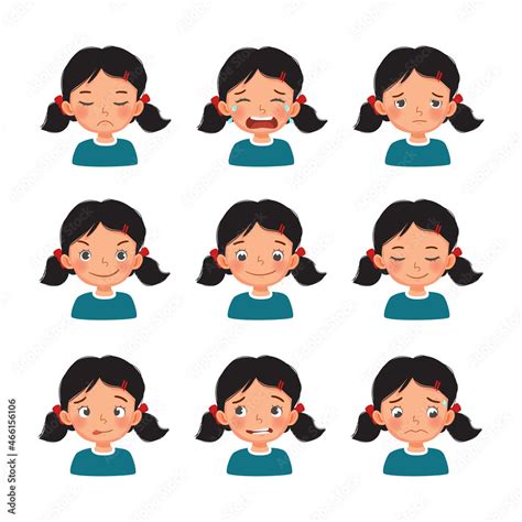Cute little girl with facial expressions set. Vector of kid faces with ...