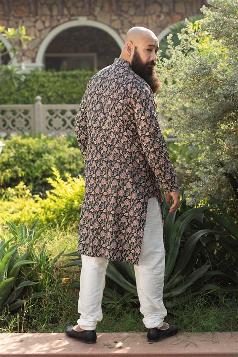 (S, L,4XL) Floral Night - Black and Maroon Floral Printed Cotton Kurta