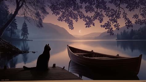 Download Black Cat On Dock At Lake During Mystical Twilight Wallpaper ...