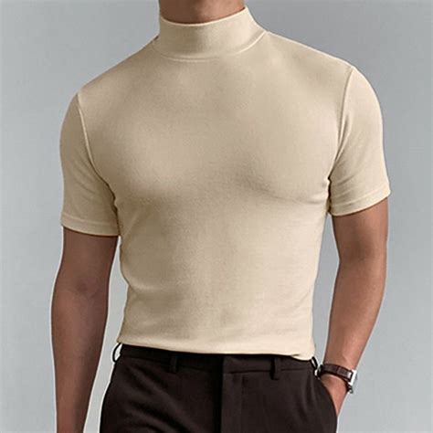 Men's T Shirt Turtleneck shirt Short Sleeve Stand Collar Summer Spring ...