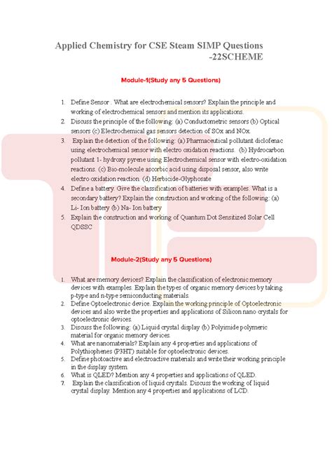 Applied Chemistry for CSE - Simplified Question Bank - Studocu