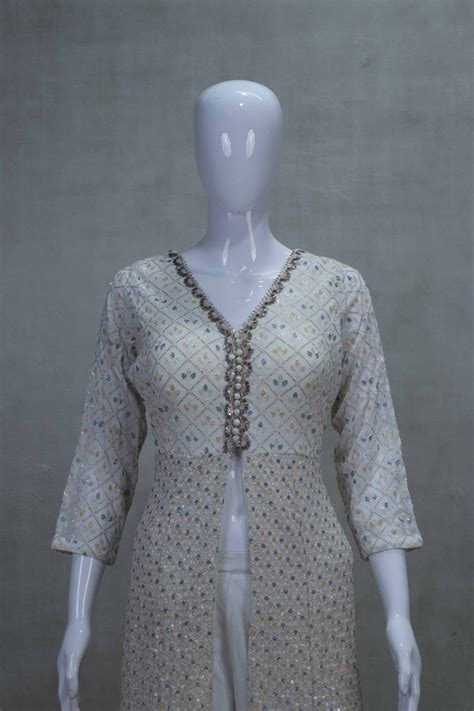 Off-White Chikankari Style Anarkali Suit with Colorful Bandhani Dupatt ...