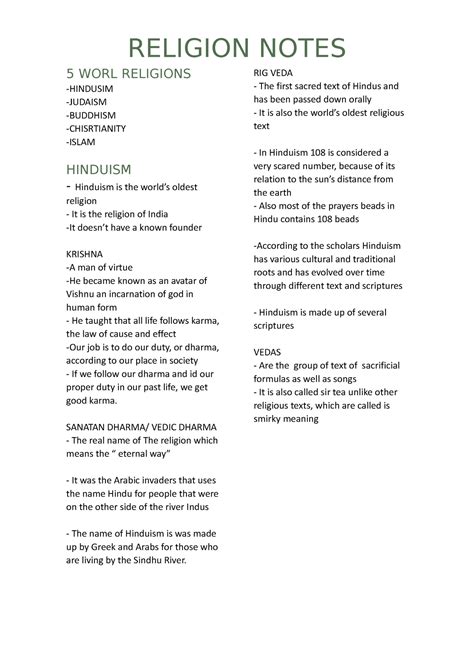Hinduism - Summary Religion: History and Texts - RELIGION NOTES 5 WORL ...