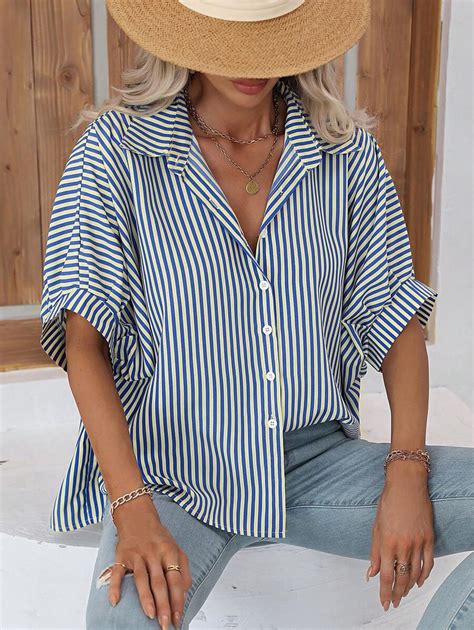 SHEIN LUNE Striped Batwing Sleeve Button Front Shirt | SHEIN USA