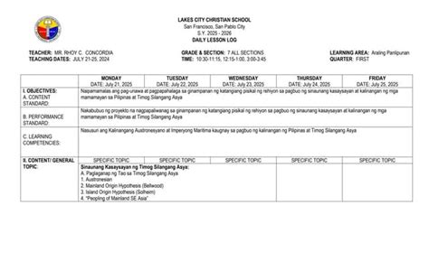 Image result for Grade 7 12 Daily Lesson Log