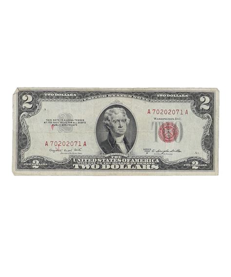 1953-B United States $2 Two Dollar Red Seal Legal Tender Banknote ...