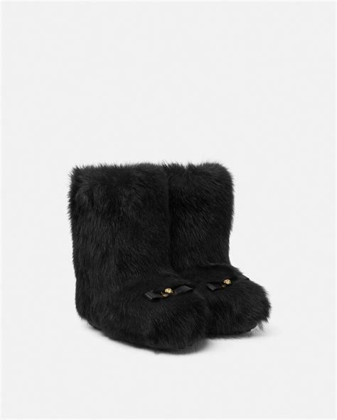 Gianni Ribbon Shearling Boots Black,Gold | VERSACE US