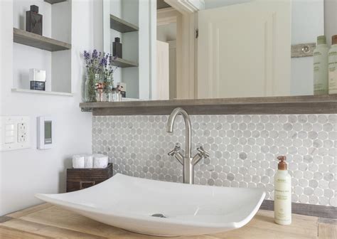 penny tile as backsplash vanity | Vanity backsplash, Tile backsplash ...
