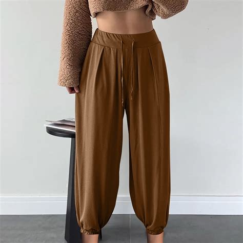 Qulqfy Pleated Women's Pants in Store Brown Baggy Petite Solid High ...