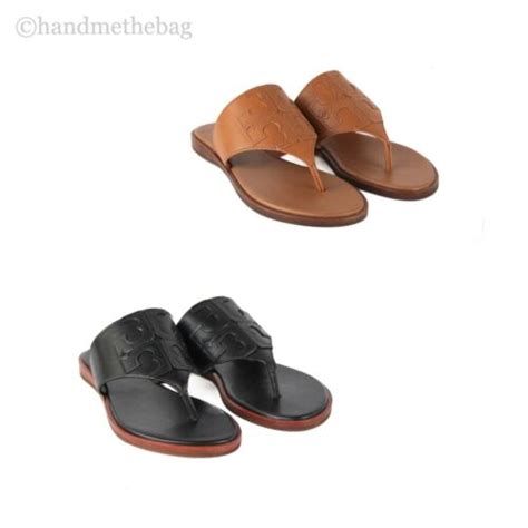 Buy Tory Burch 48275 Jamie Calf Leather Full Logo Thong Slip On Sandals ...