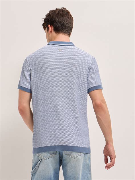 Shop Blue Geometric Knit Regular Fit Polo with Zip Placket & Solid ...