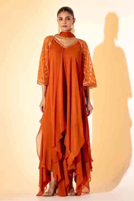 Buy Rust Georgette Embroidery, Zari, Beads V-neck Butti Work Kurta ...