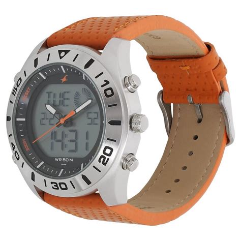 Fastrack Quartz Analog Digital Orange Dial Leather Strap Watch for Guys