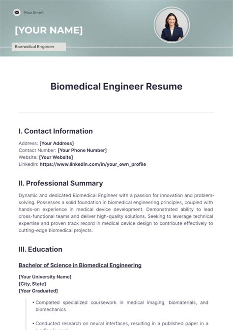 Free Biomedical Engineer Resume Template to Edit Online