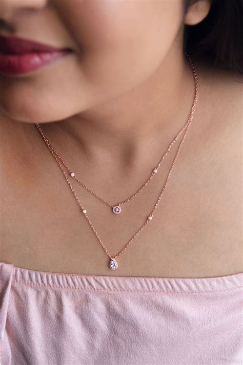 Trendy Dual Layered Solitaire Rose Gold Plated Sterling Silver Necklace ...