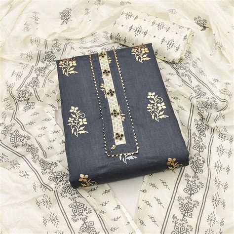Grey Printed Pure Cotton Dress Material