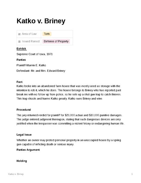 Katko v - helpful - Katko v. Briney 1 Katko v. Briney Area of Law Torts ...