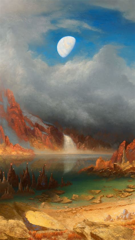 Download wallpaper 1440x2560 lake, rocks, clouds, art qhd samsung ...