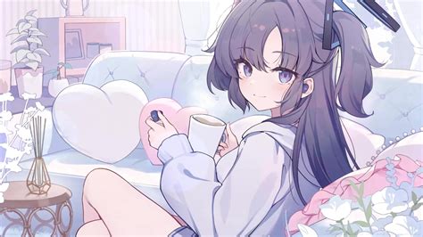 Hayase Yuuka Drinking Coffee Blue Archive Live Wallpaper - MoeWalls