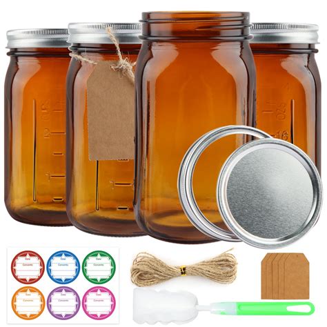 CARBLIN 4 Pack Mason Jars 32 oz, Amber Wide Mouth Canning Jars with ...