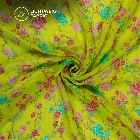 Pear Green And Peach Floral Digital Print Pure Georgette Fabric – Fabcurate