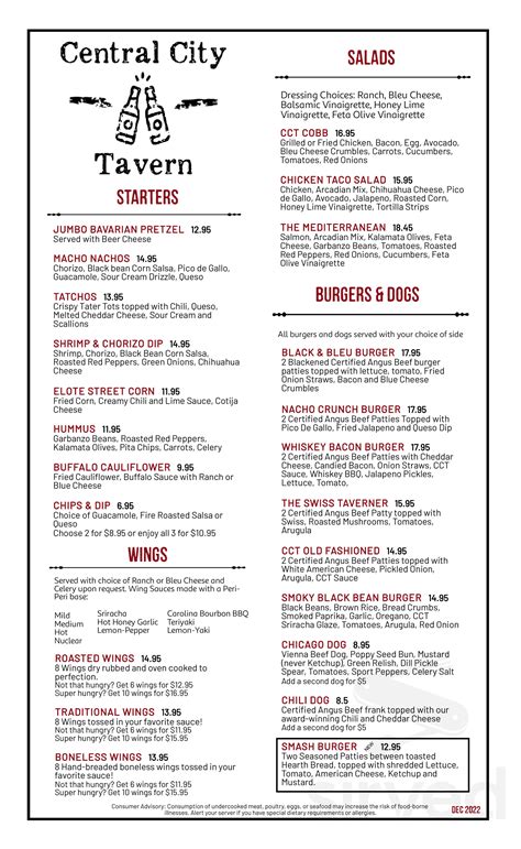 Central City Tavern menu in Alpharetta, Georgia, USA