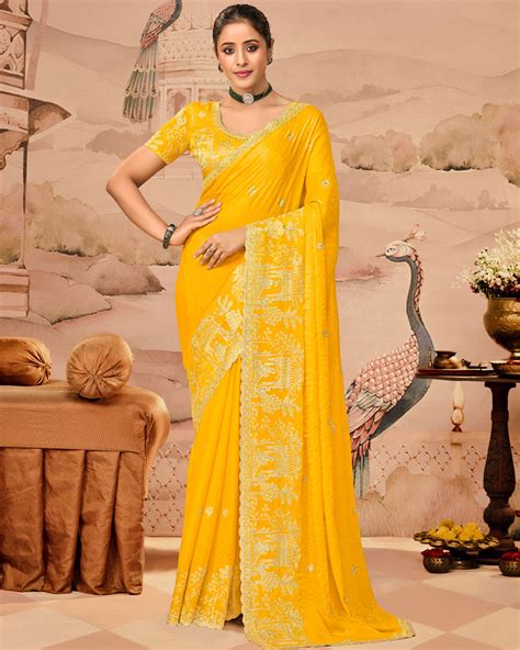 Sunrise Yellow Designer Fancy Satin Saree With Zari Embroidery-Diamond ...