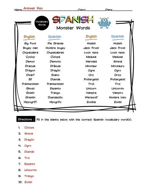 Spanish Monster Vocabulary Word List Worksheet & Answer Key | Made By ...
