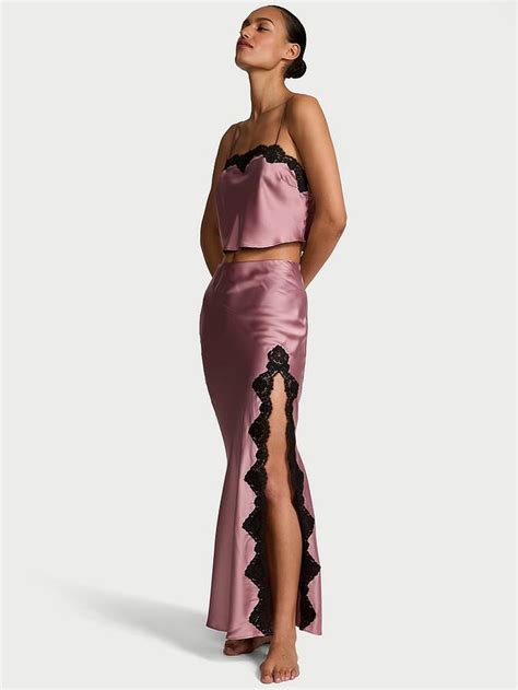 Buy Satin Lace-Trim Cropped Top & Slip Skirt Set Online - Style ID ...