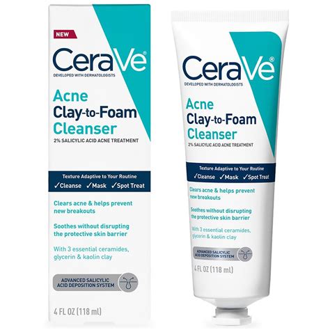 CeraVe 3in1 Acne Clay-to-Foam Facial Cleanser, Mask & Spot Treatment ...