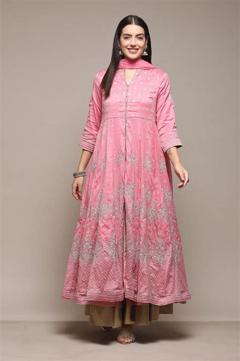 Pink Cotton Blend Anarkali Embroidered Kurta Suit Set at Biba India