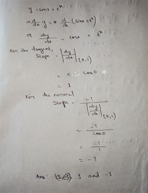 33. The slopes of the tangent and normal at (0, 1) for the curve y ...
