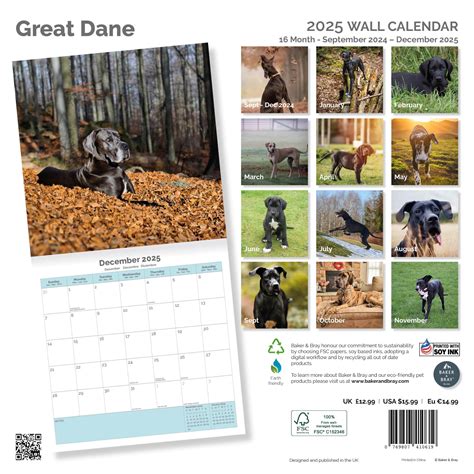 Baker and Bray Great Dane Calendar 2025, Large Square Wall Calendar, 16 ...