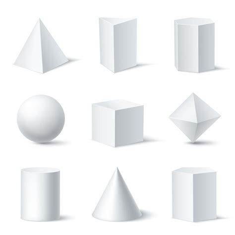 Realistic white geometric shapes set with nine isolated solid body ...
