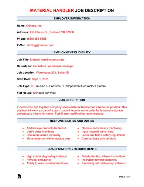 Free Material Handler Job Description Template | Sample - Word | PDF – eForms