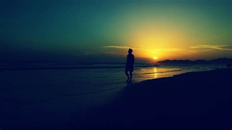 Man Is Walking Alone On Beach During Sunset HD Alone Wallpapers | HD ...