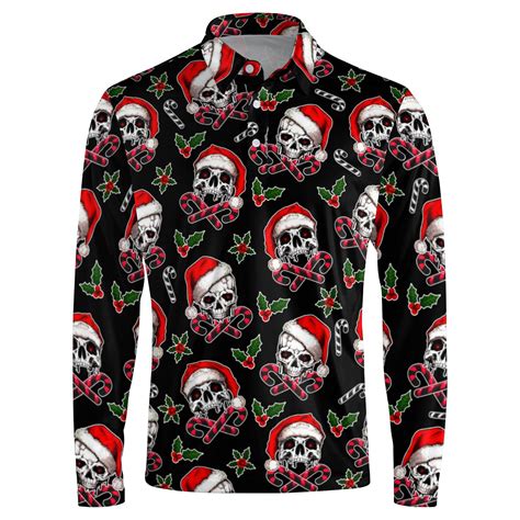 Christmas Skull Golf Shirts Long Sleeves Shirt for Men Polo Shirts ...