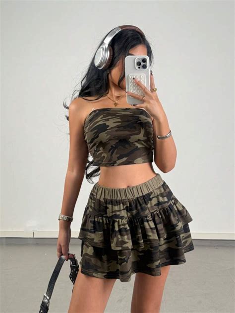 SHEIN Teen Girls Spring/Summer 2pcs/Set Y2K Camo Print Cropped Tube Top ...
