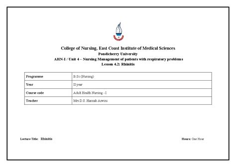B.Sc Nursing II Year - Adult Health Nursing I: Lesson Plan on Rhinitis ...