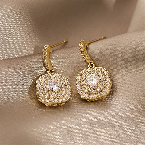 1 pair simple style square inlay stainless steel zircon drop earrings ...