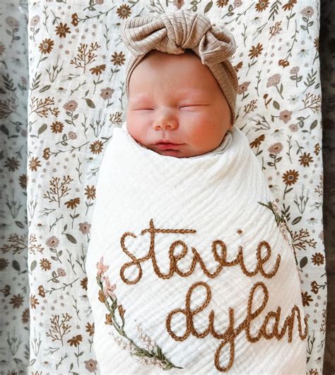 Personalized Hand Embroidered Baby Swaddle Blanket With Name and Floral ...