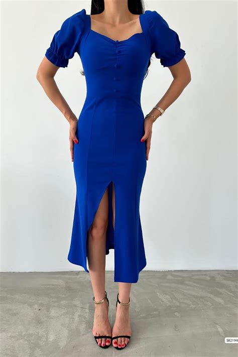 Saks Blue Front Slit Button Detail Short Sleeve Crepe Midi Dress ...
