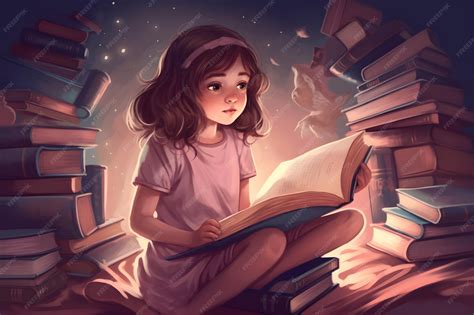 Premium Photo | A girl reading a book in a stack of books