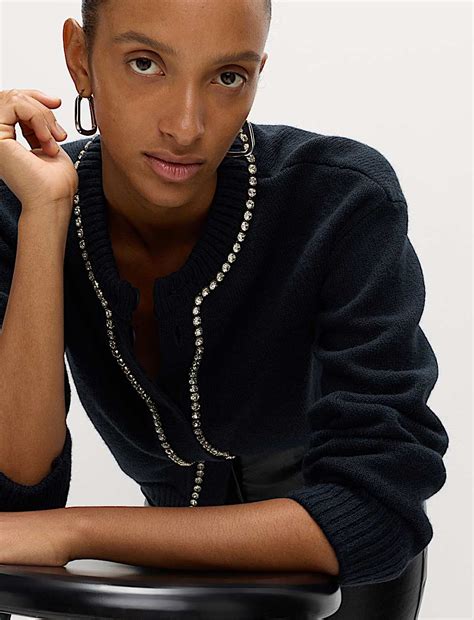 Buy Gem Detail Crew Neck Cardigan with Wool at Marks & Spencer